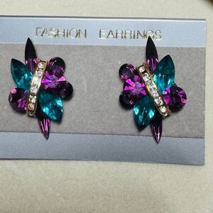 Fashion Purple And Teal With Clear Rhinestone Earrings